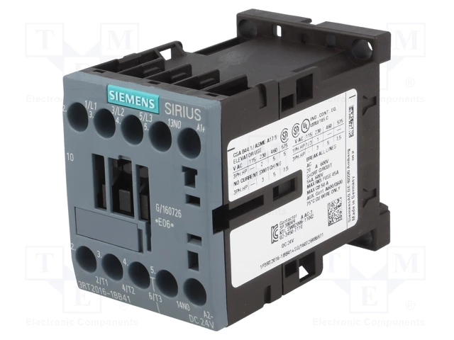 Siemens brand 3RT2016-1BB41 Power Contactor 3-pole, 24 V DC, 50/60 Hz
